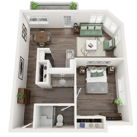 Floor plan for 1 bed, 1 bath, 585 sqft